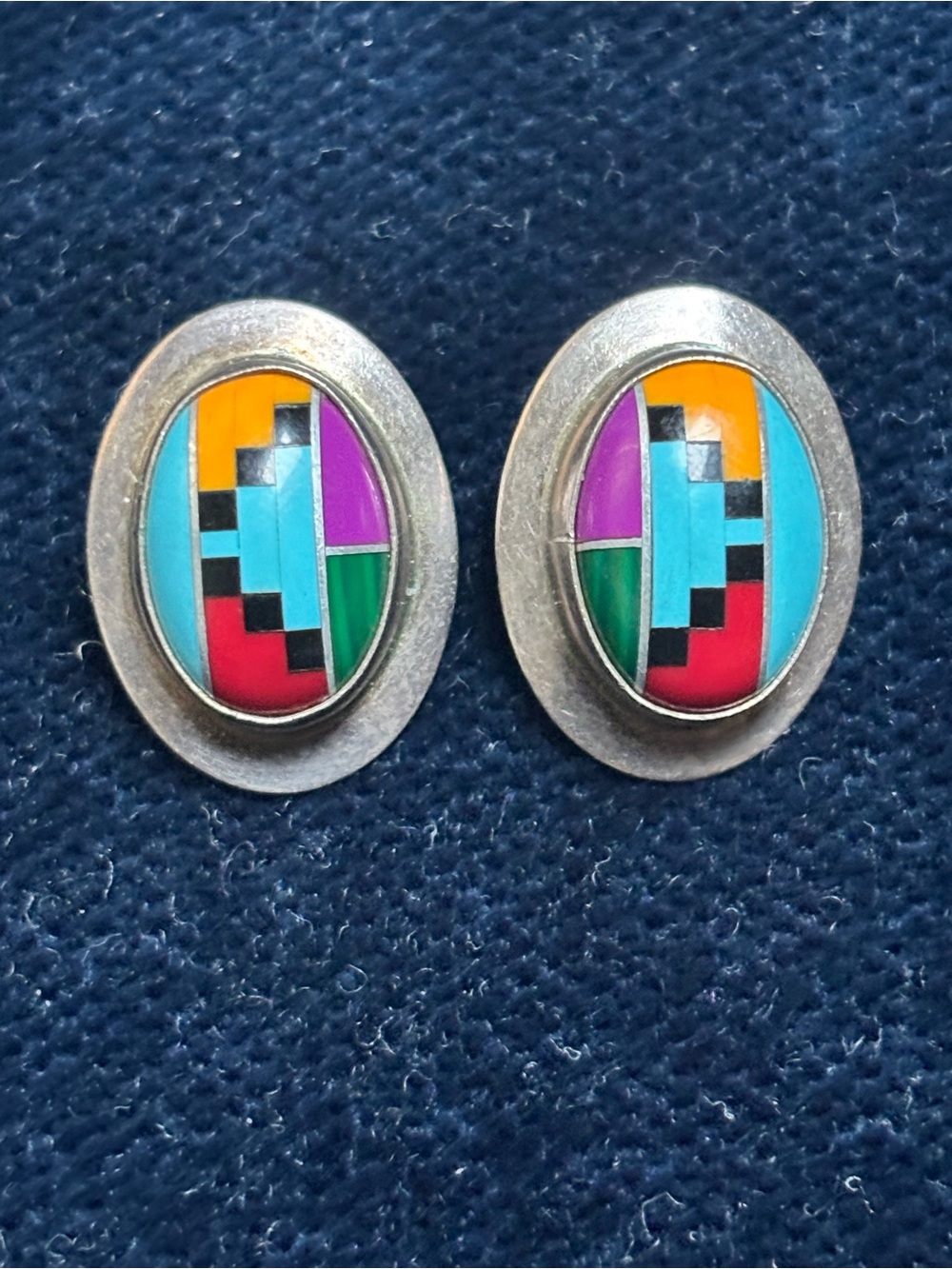 🌟 Vintage Zuni Style Sterling Silver Mosaic Inlay Clip Earring 🌟